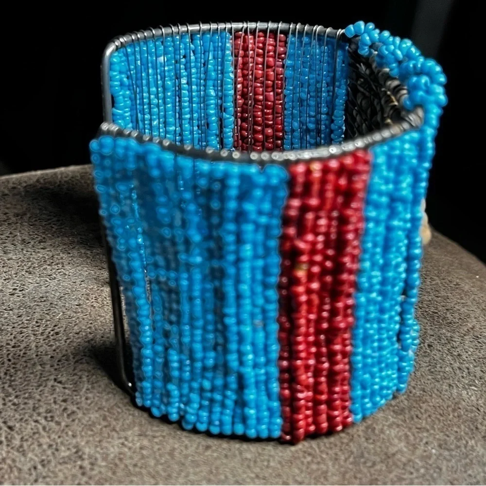 Artisan Handmade seed and wooden bead cuff bracelet 2.5” H